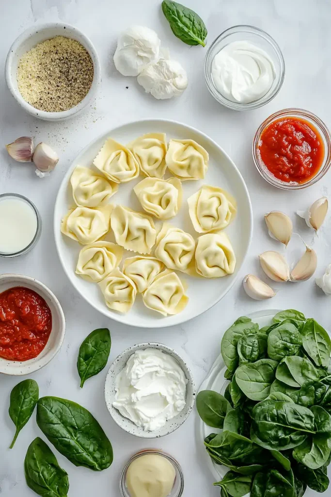 Ingredients for cheesy baked tortellini with spinach arranged neatly on a white counter