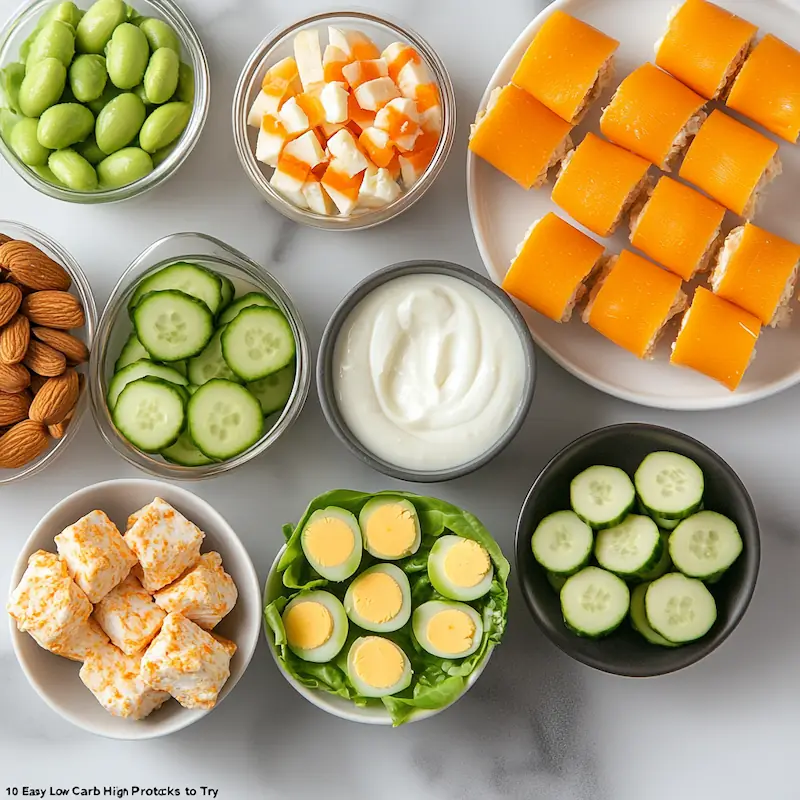Variety of easy low carb high protein snacks including Greek yogurt, eggs, turkey roll-ups, cottage cheese, tuna lettuce boats, cheese, almonds, edamame, chicken salad cups, and egg muffins in a clean modern kitchen.