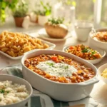 Cheap dinner ideas that save money with pasta, rice bowls, soup, and baked potatoes on a dinner table