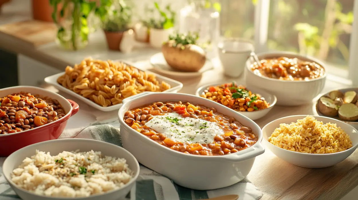 Cheap dinner ideas that save money with pasta, rice bowls, soup, and baked potatoes on a dinner table