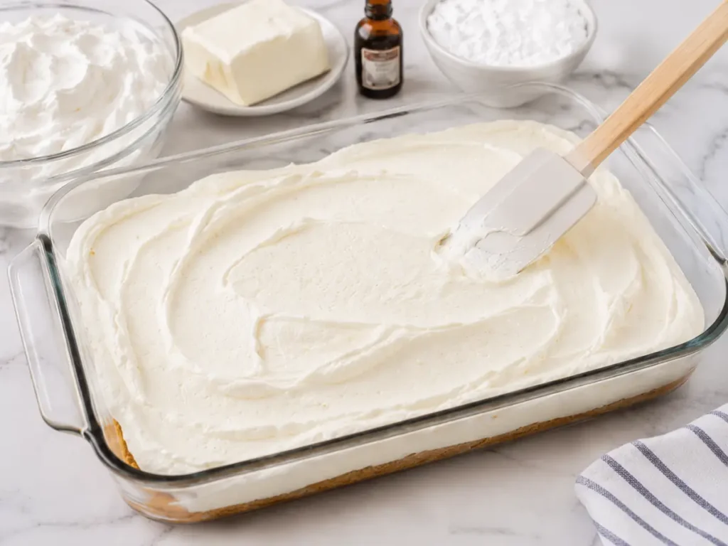 No-Bake Strawberry Delight (Creamy, Easy, Make-Ahead) 5 Smooth cream cheese filling spread over a graham cracker crust in a glass baking dish