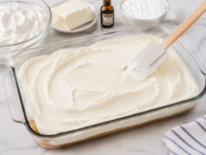 No-Bake Strawberry Delight (Creamy, Easy, Make-Ahead) 10 Smooth cream cheese filling spread over a graham cracker crust in a glass baking dish