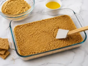 No-Bake Strawberry Delight (Creamy, Easy, Make-Ahead) 9 Smooth cream cheese filling spread over a graham cracker crust in a glass baking dish.
