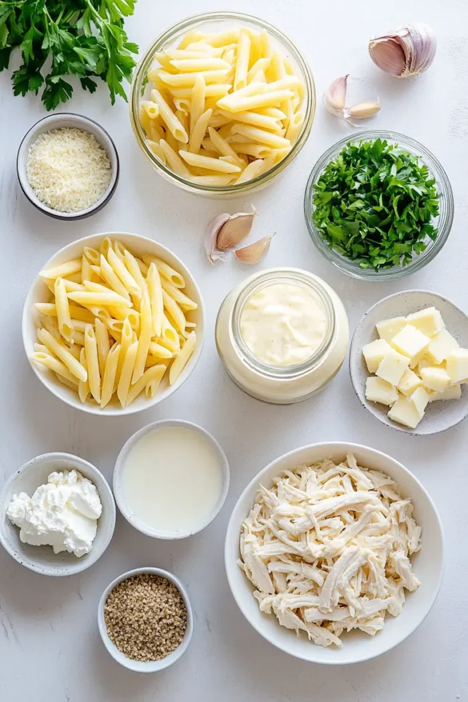 Ingredients for chicken Alfredo bake arranged neatly on a white kitchen counter at night