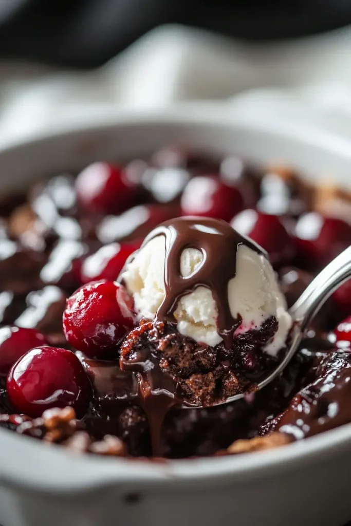 Close-up of chocolate cherry dump cake with melted vanilla ice cream on top