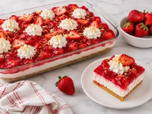 No-Bake Strawberry Delight (Creamy, Easy, Make-Ahead) 12 No-bake strawberry cream dessert with graham cracker crust, whipped topping, and a sliced serving on a plate