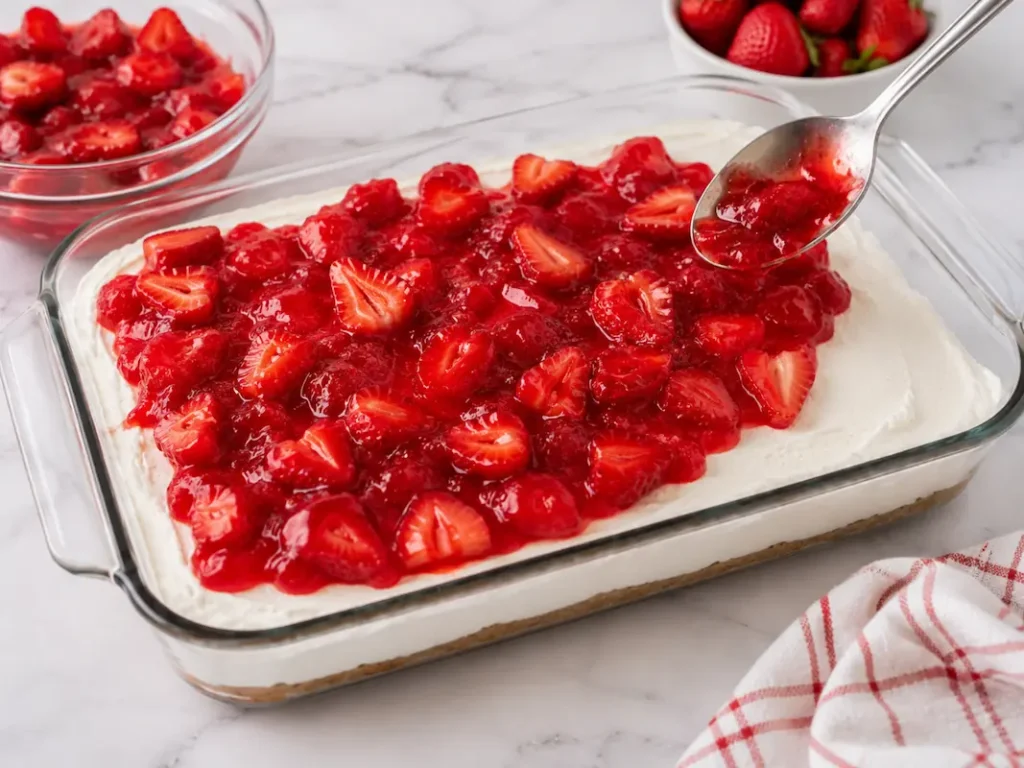 No-Bake Strawberry Delight (Creamy, Easy, Make-Ahead) 6 Strawberry topping being spooned over a creamy no-bake dessert before chilling