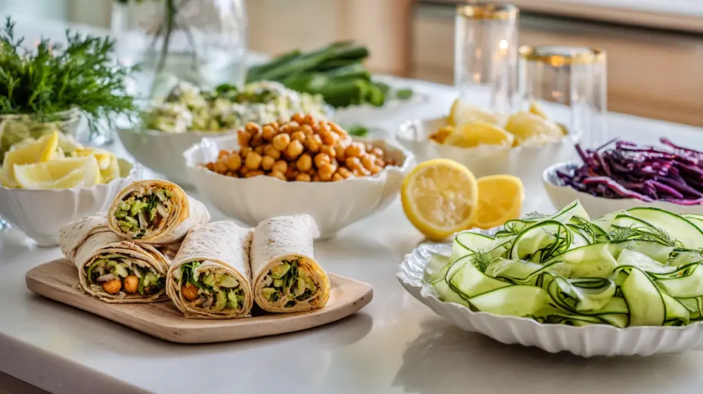 10 No-Cook Vegan Meals for Summer 1 A cozy nighttime kitchen counter with colorful no-cook vegan summer meals including wraps, salads, hummus, vegetables, and fresh herbs.