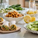 A cozy nighttime kitchen counter with colorful no-cook vegan summer meals including wraps, salads, hummus, vegetables, and fresh herbs.