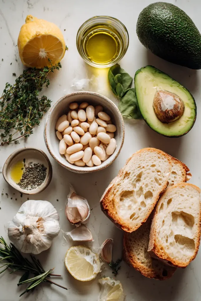 Avocado White Bean Toast 3 Ingredients for avocado white bean toast including avocado, white beans, lemon, herbs, olive oil, and bread.