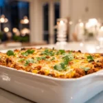 A baked Taco Lasagna Casserole with melted cheese, taco beef, beans, corn, and cilantro in a white baking dish on a white kitchen counter.