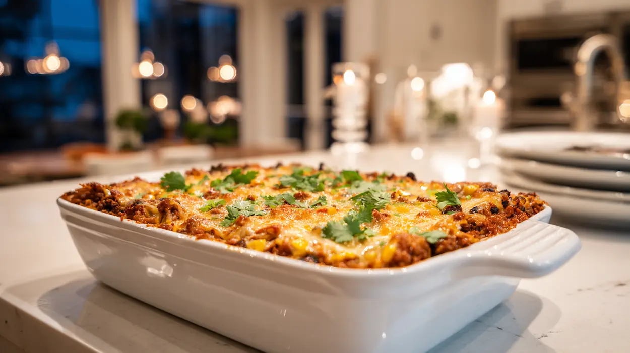 A baked Taco Lasagna Casserole with melted cheese, taco beef, beans, corn, and cilantro in a white baking dish on a white kitchen counter.