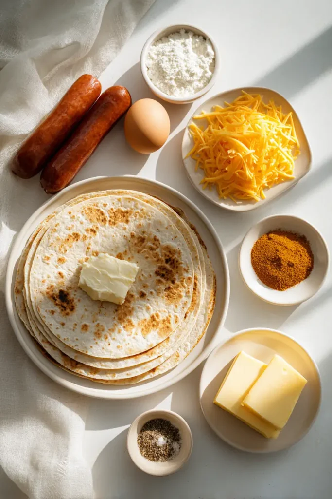 Breakfast Taquitos 3 Ingredients for breakfast taquitos arranged neatly on a white kitchen counter