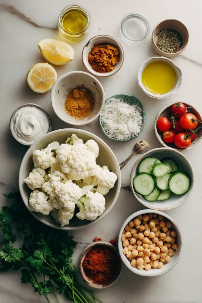Ingredients for cauliflower shawarma bowls including cauliflower, spices, chickpeas, rice, vegetables, yogurt, tahini, and lemon.
