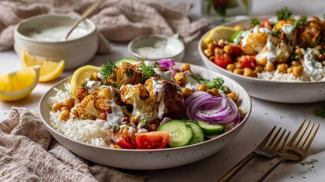 Cauliflower shawarma bowls with roasted cauliflower, rice, chickpeas, cucumbers, tomatoes, herbs, and creamy tahini sauce.