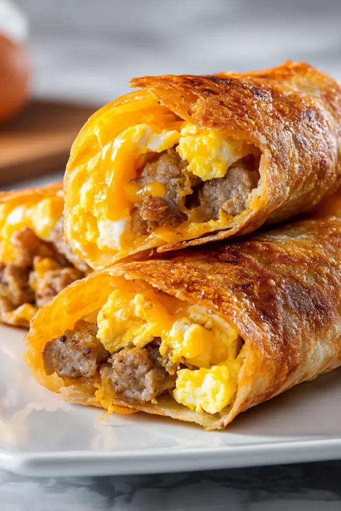 Breakfast Taquitos 2 Close-up of crispy breakfast taquitos with melted cheese and fluffy eggs