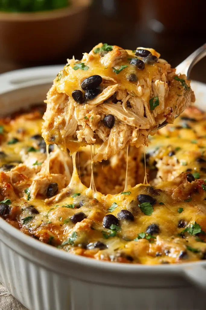 Easy Chicken Burrito Casserole 2 Close-up serving of cheesy chicken burrito casserole with melted cheese and cilantro