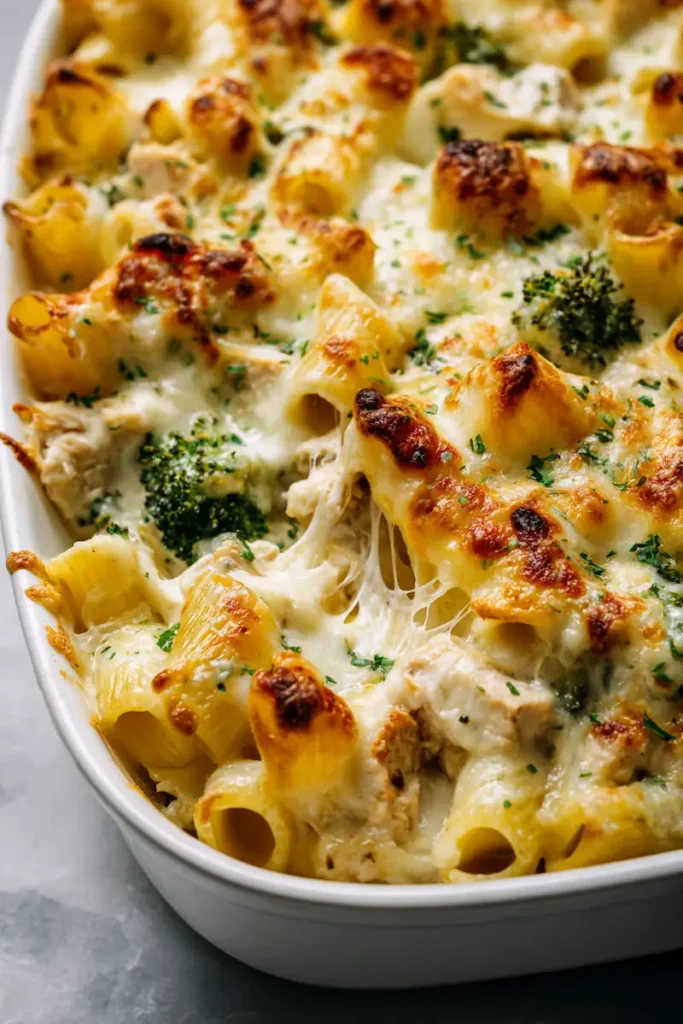 Chicken and Broccoli Pasta Bake 2 Close-up of cheesy chicken and broccoli pasta bake with creamy sauce, melted mozzarella, and golden crispy edges in a bright kitchen.