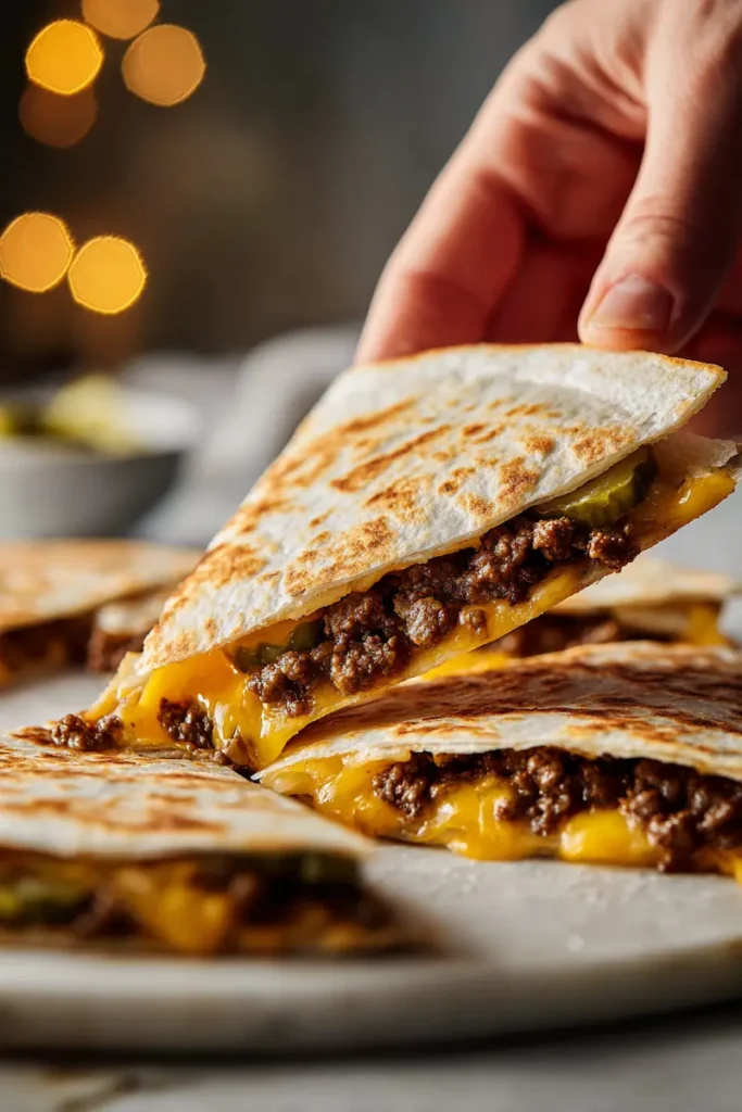 Close-up of a cheesy smashburger quesadilla wedge with browned beef and melted cheese.