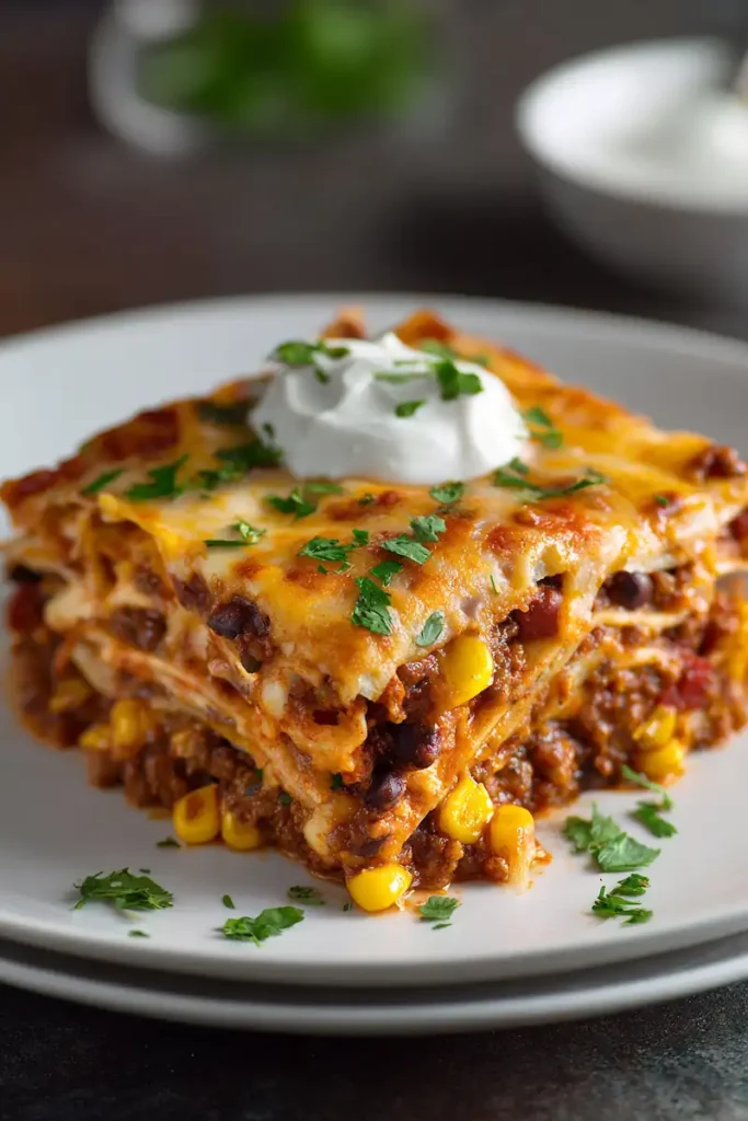 Best Taco Lasagna Casserole for an Easy Cozy Dinner 2 Close-up slice of Taco Lasagna Casserole showing layers of tortillas, taco meat, beans, salsa, and melted cheese.