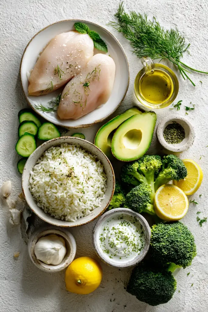 Healthy Chicken Rice Bowl with Avocado & Broccoli 3 Ingredients for healthy chicken rice bowls including chicken, broccoli, avocado, rice, lemon, cucumber, herbs, and Greek yogurt.