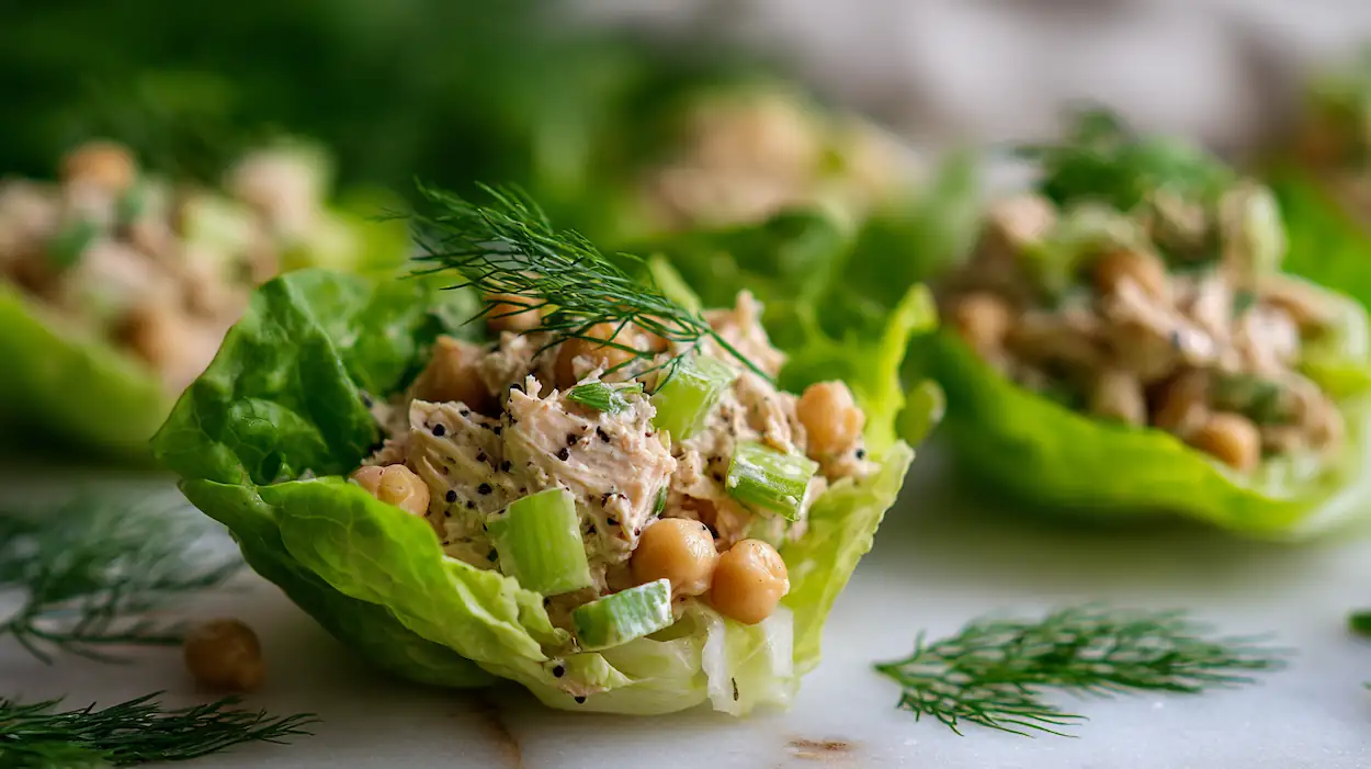 Chickpea tuna lettuce cups filled with creamy mashed chickpeas, celery, herbs, and lemon on a white kitchen counter.