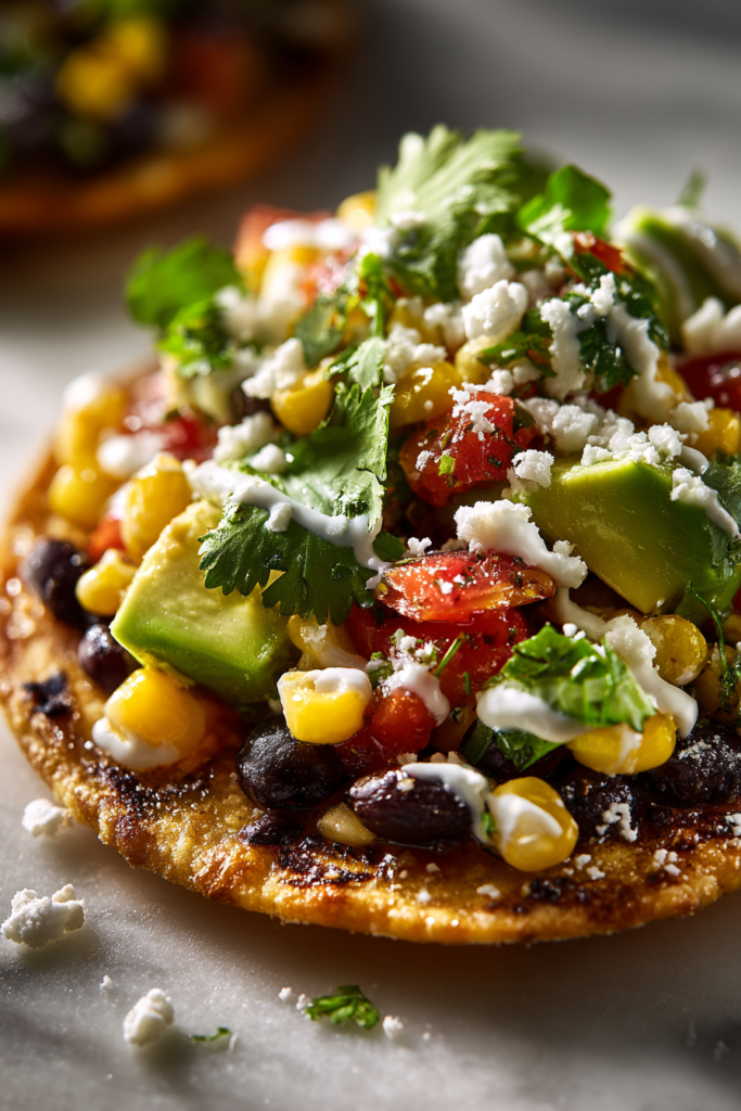 Close-up of a crispy tostada topped with black beans, corn salsa, avocado, cilantro, lime, and a creamy drizzle.