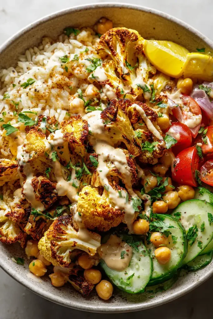 Close-up of roasted cauliflower shawarma bowl with creamy sauce and fresh vegetables.