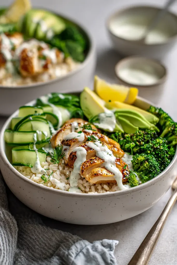 Healthy Chicken Rice Bowl with Avocado & Broccoli 2 Close-up of sliced chicken, avocado, broccoli, and rice with creamy lemon sauce.