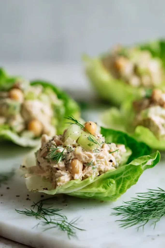 Close-up of crisp lettuce cups filled with creamy chickpea tuna salad and fresh herbs.