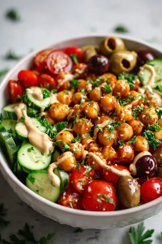 Mediterranean Chickpea Salad Bowls 2 Close-up of a fresh chickpea salad bowl with lemon tahini dressing and colorful Mediterranean vegetables