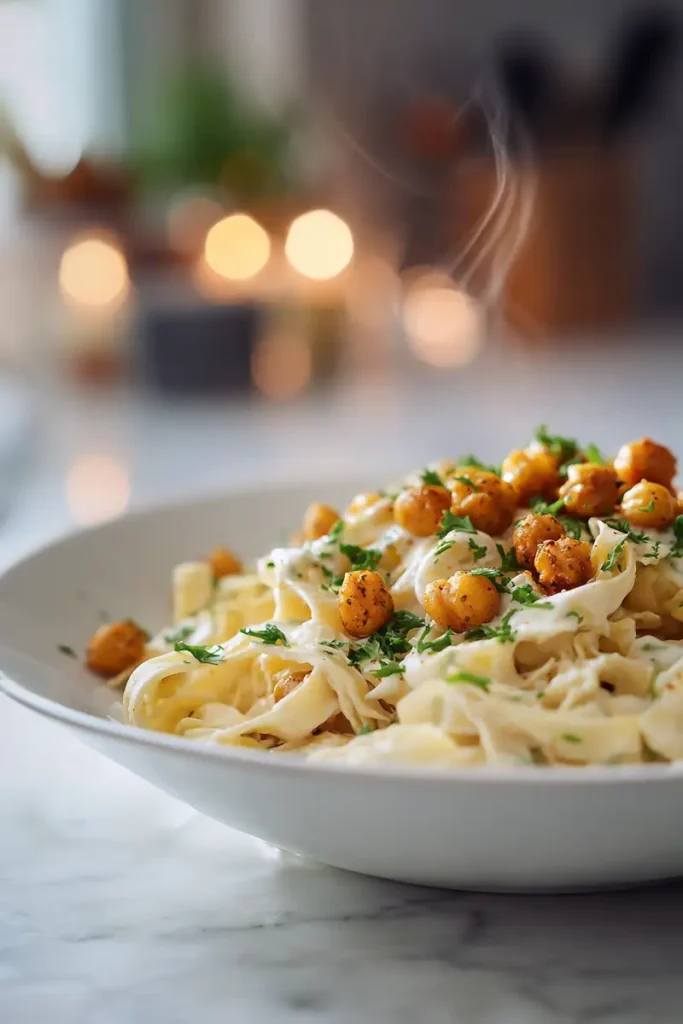 Close-up of creamy cabbage ribbons coated in vegan Alfredo sauce with crispy chickpeas on top.
