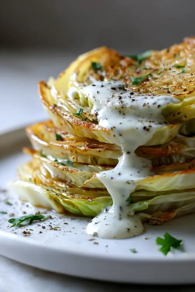 Close-up of roasted cabbage steaks with golden edges and vegan garlic sauce
Suggested Pinterest Overlay Text: Cozy Vegan Side Dish