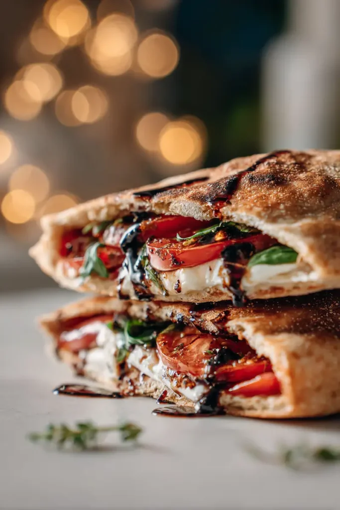 Vegan Caprese Stuffed Pitas 2 Close-up of a vegan Caprese pita pocket with juicy tomatoes, basil, vegan mozzarella, and balsamic glaze.