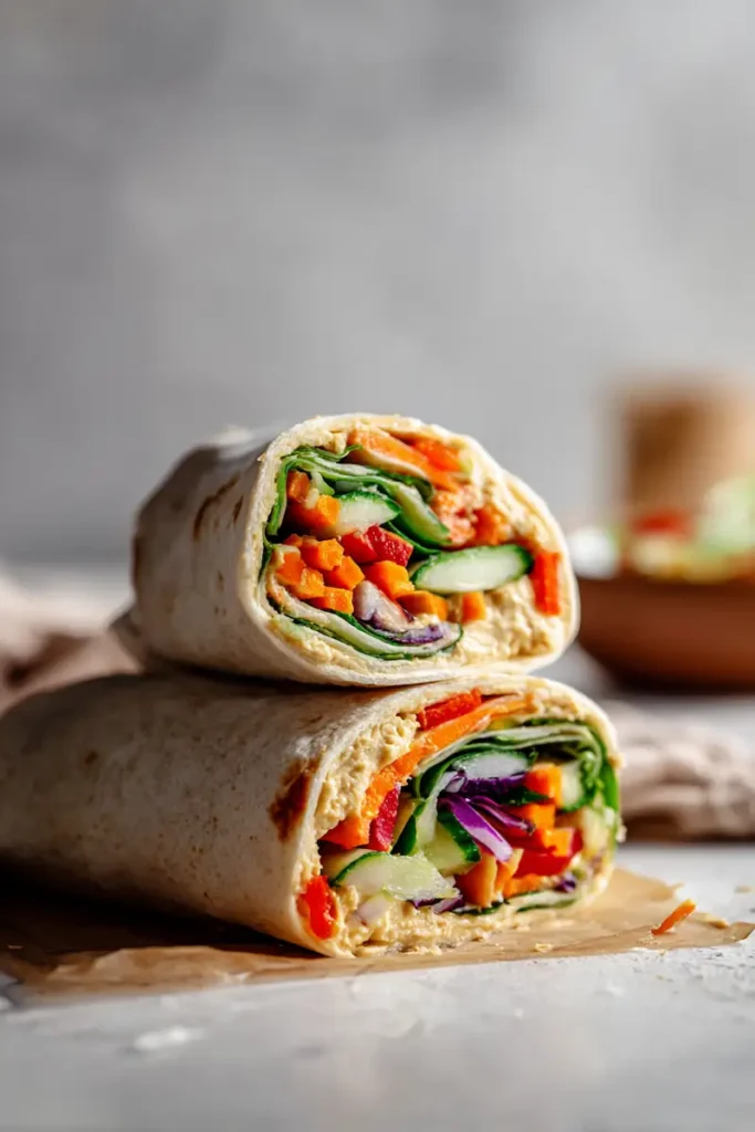 Vegan Hummus Veggie Wraps 2 Close-up of a vegan veggie wrap filled with hummus and fresh vegetables