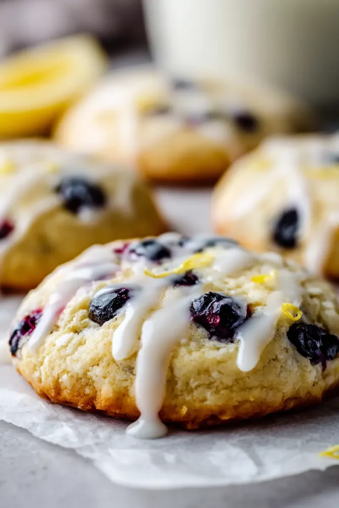 Lemon Blueberry Cookies 2 Close-up of chewy lemon blueberry cookies with juicy blueberries and light lemon glaze.
Suggested Pinterest Overlay Text: Chewy Blueberry Lemon Cookies
