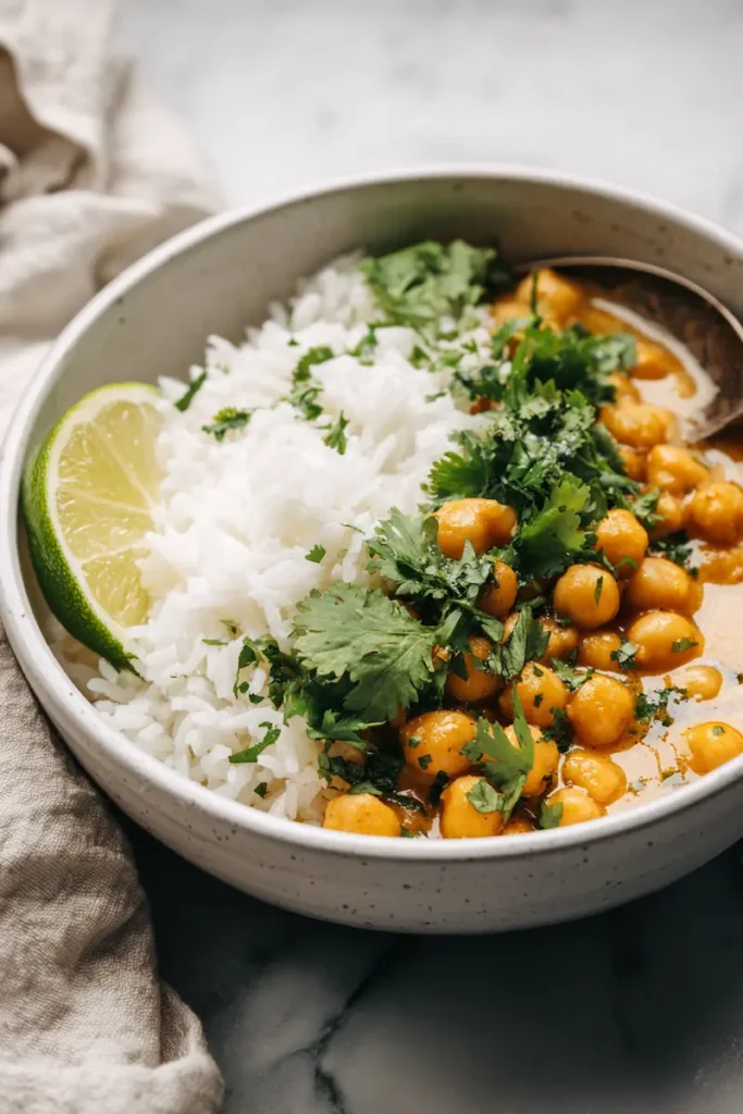 Creamy Coconut Chickpea Curry 2 Close-up of chickpeas in creamy coconut curry sauce with fresh herbs.