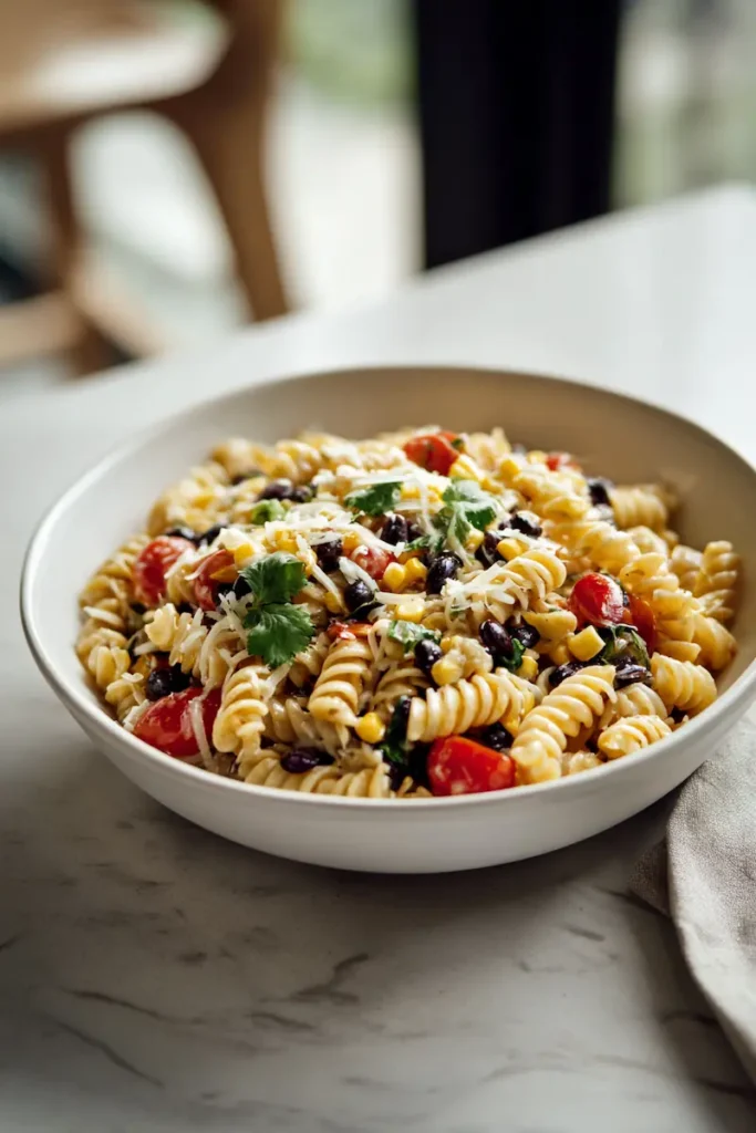 Southwestern Pasta Salad with Creamy Lime Dressing 2 Close-up of creamy Southwestern pasta salad with colorful vegetables and lime dressing