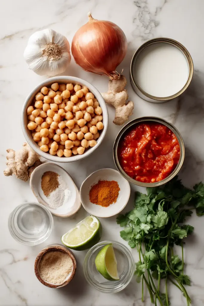 Creamy Coconut Chickpea Curry 3 Ingredients for creamy coconut chickpea curry including chickpeas, coconut milk, tomatoes, onion, garlic, ginger, and spices.