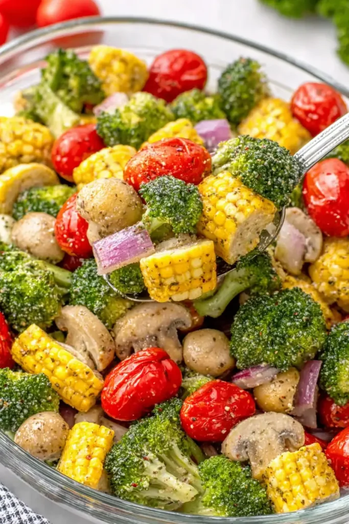 Easy Marinated Veggie Salad 2 No-cook Easy Marinated Veggie Salad served cold for a summer BBQ side dish