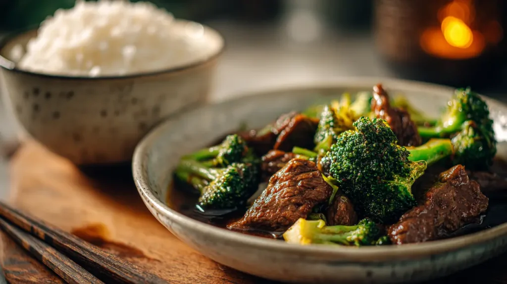 Chinese Beef and Broccoli (High Protein) 1 High protein Chinese beef and broccoli in a warm bowl with glossy sauce and steamed rice