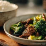 High protein Chinese beef and broccoli in a warm bowl with glossy sauce and steamed rice