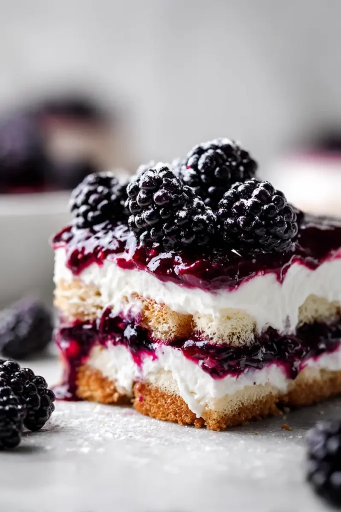Vegan Blackberry Tiramisu 2 A highly appetizing close-up of vegan blackberry tiramisu with creamy layers, juicy berries, and soft blackberry-soaked cookies.