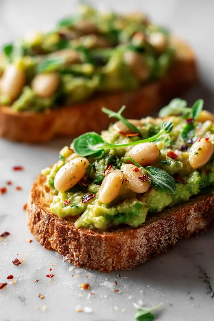 Avocado White Bean Toast 2 Close-up of avocado white bean toast with creamy texture, herbs, and flaky salt.
Suggested Pinterest Overlay Text: Creamy Healthy Toast