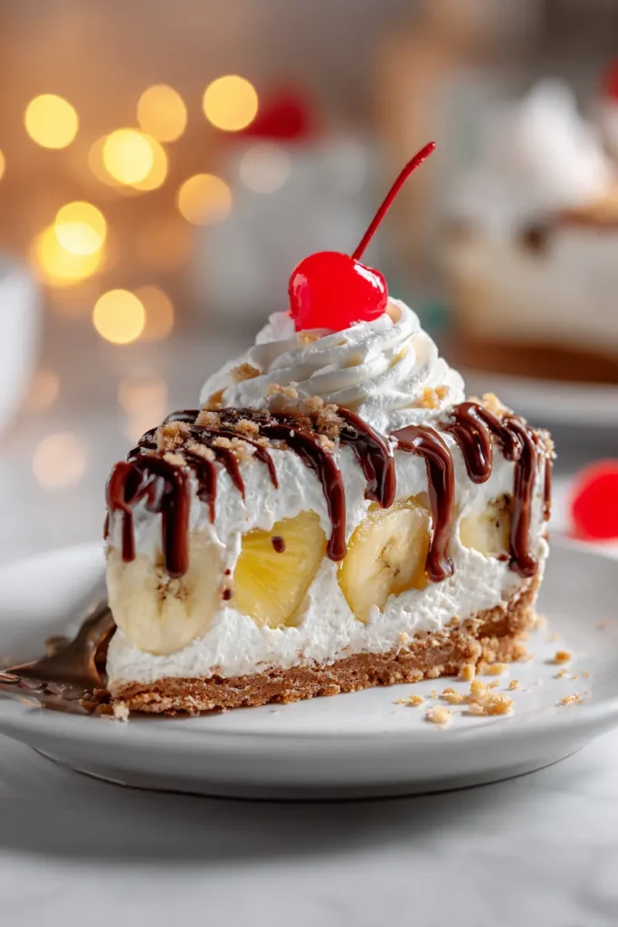No-Bake Banana Split Cake 2 A close-up slice of no-bake banana split cake showing graham cracker crust, cream filling, bananas, pineapple, whipped topping, and cherry.