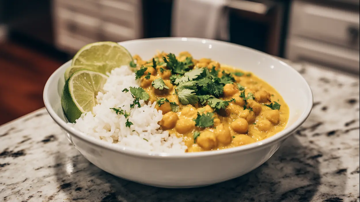 Creamy coconut chickpea curry served over rice in a white bowl with cilantro and lime.