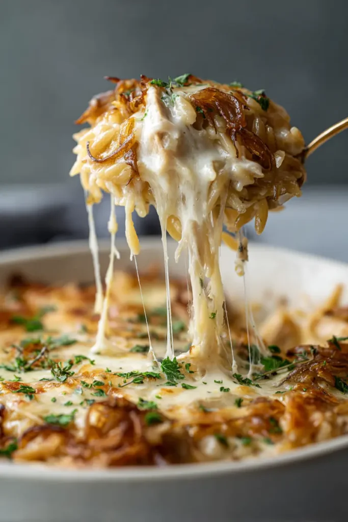 French Onion Chicken Orzo Casserole 2 Creamy French Onion Chicken Orzo Casserole Close-Up