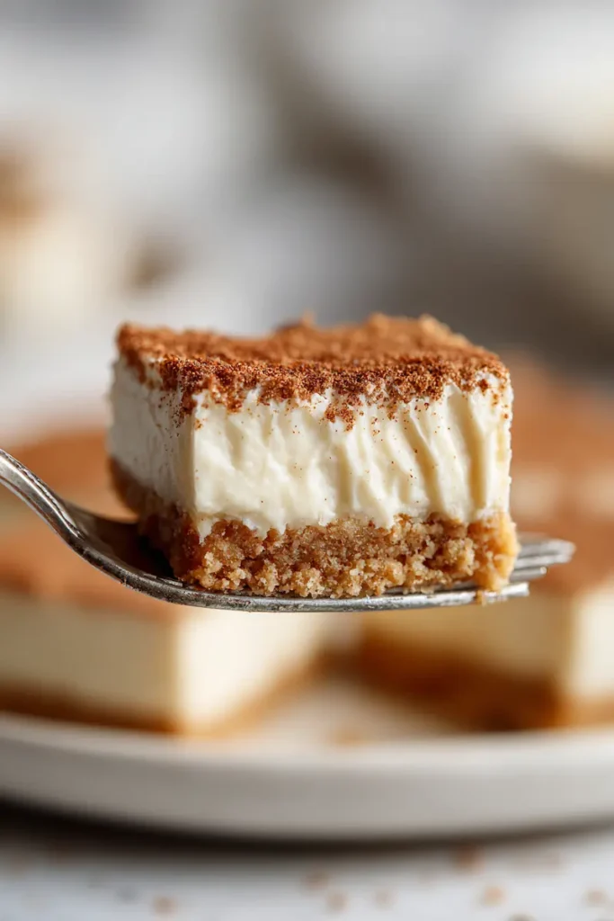 No Bake Keto Churro Cheesecake Bars 2 Close-up of a creamy keto churro cheesecake bar with cinnamon topping and almond flour crust.
