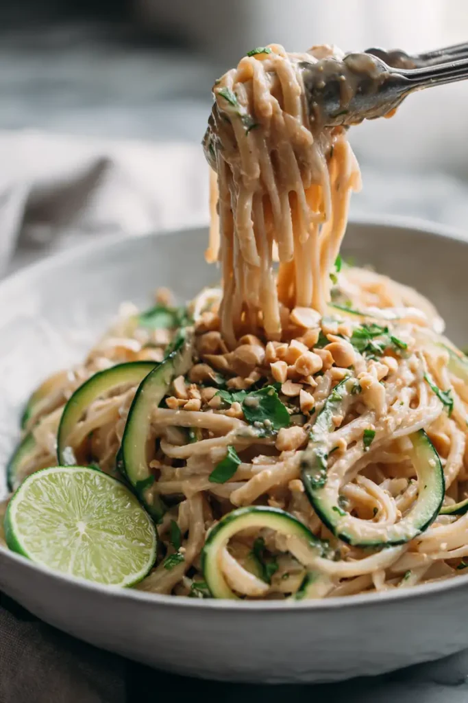 Thai-Inspired Peanut Cucumber Noodle Salad 2 Close-up of creamy peanut noodles with cucumber, herbs, chopped peanuts, and lime