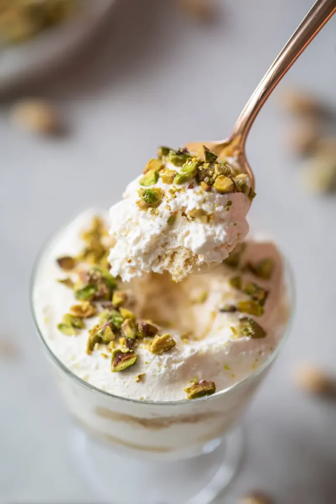 Close-up of a spoon dipping into a creamy pistachio tiramisu cup with chopped pistachios on top.

